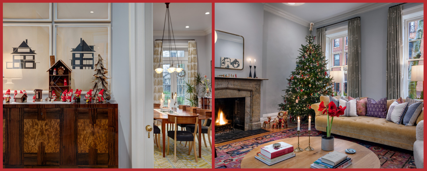 Collage of two images: dining room and living room decorated for Christmas