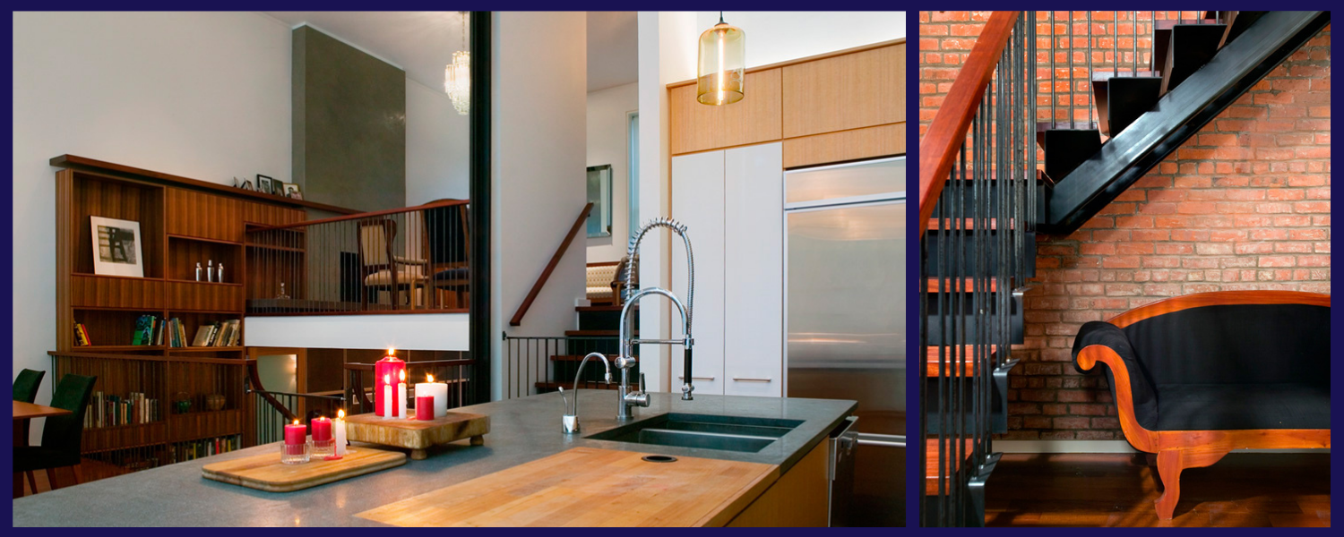 Collage of two images: a kitchen with holiday candles on the island and a loveseat under a staircase along an exposed brick wall