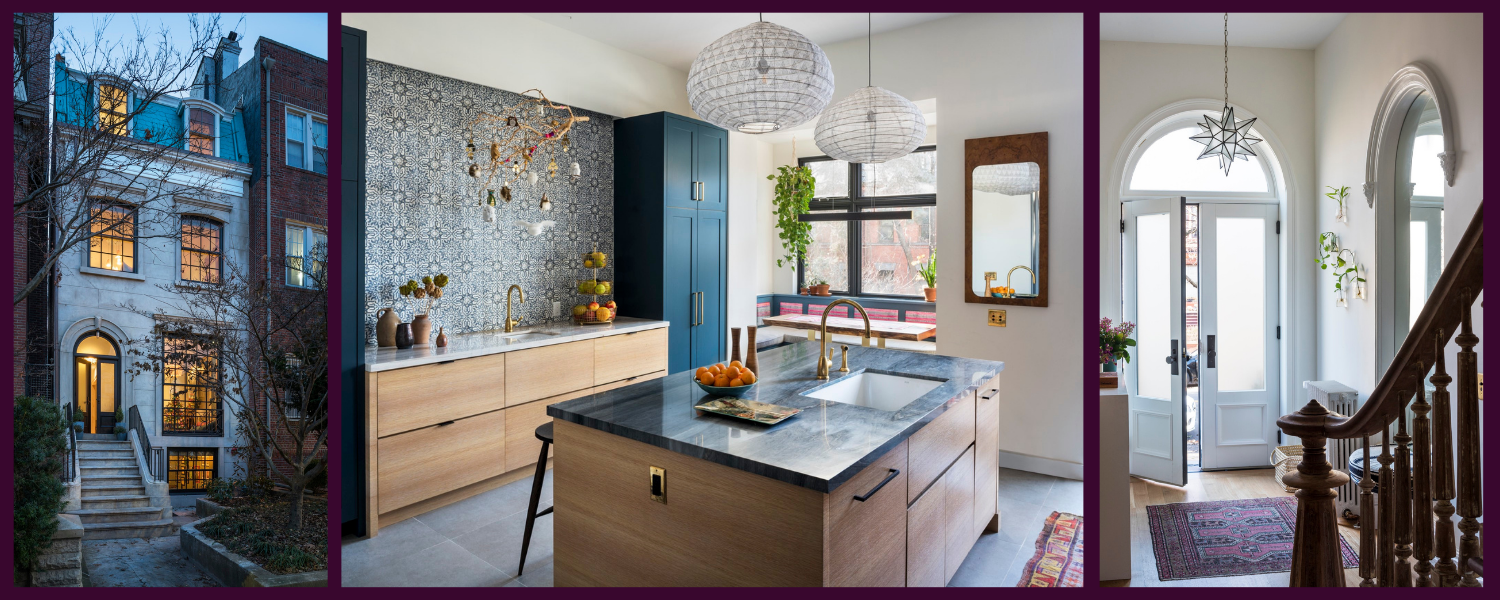 Collage of three images: front facade of a stucco townhouse with light blue shingles, kitchen with patterned tile backsplash, and entryway with a geometric light fixture.