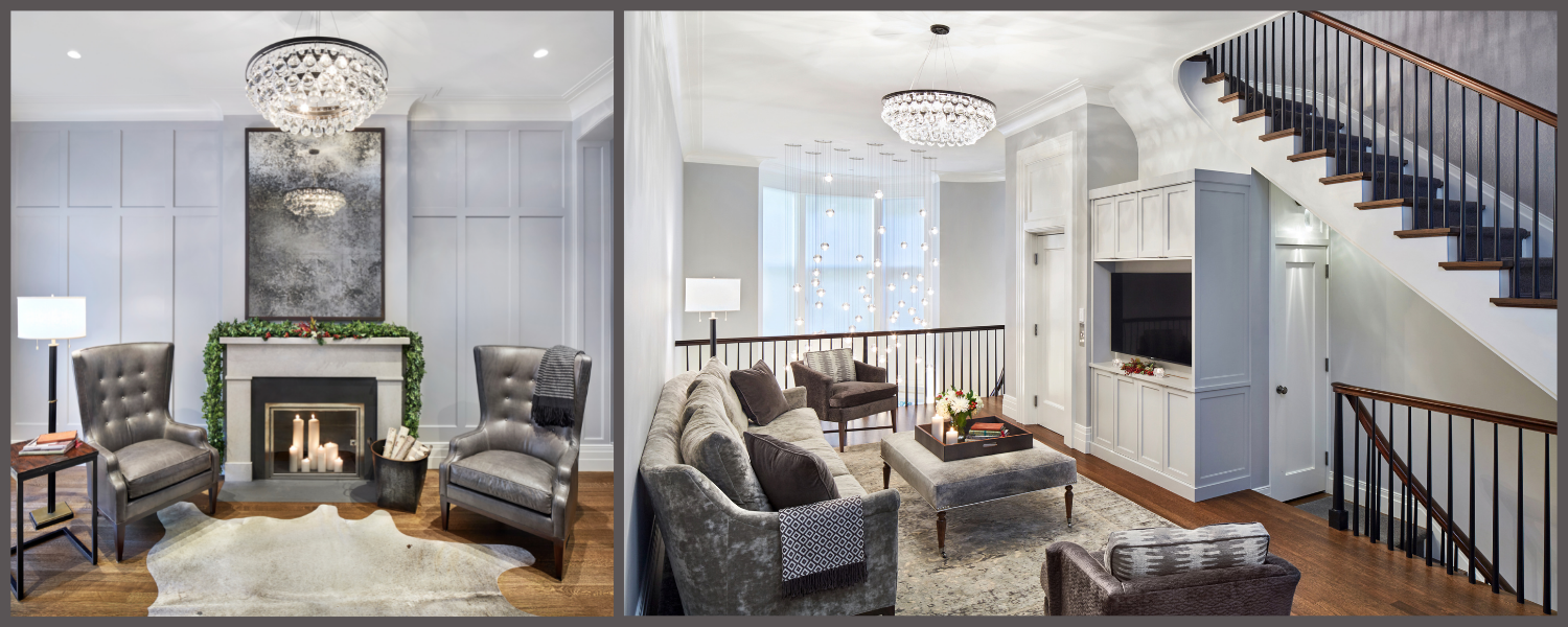 Collage of two images: living room with pale grey shaker style paneling and modern living room above a double height space