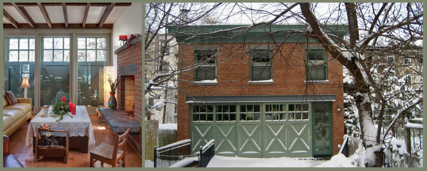 Collage of two images: living room in front of large barn doors and holiday candles and front facade of a carriage house in the snow
