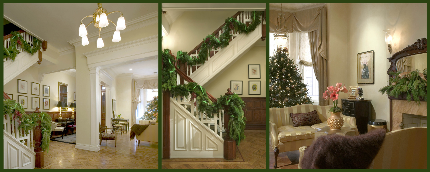 Collage of three images: Parlor, staircase, and living room of an Upper West Side townhouse with evergreen garlands as decoration