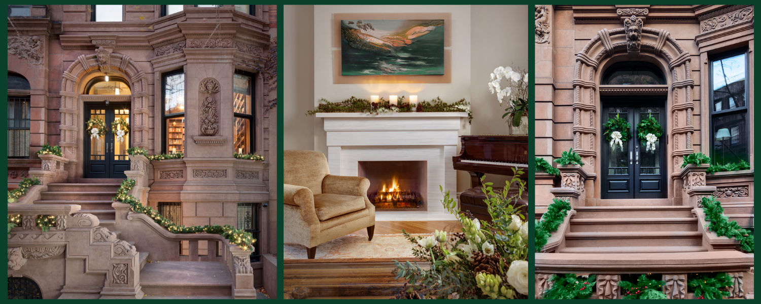 Collage of three images: stoop, living room, and front doors of an Upper West Side townhouse, all decorated with evergreen garland