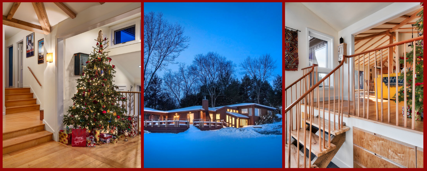 Collage of three images: Christmas tree, exterior at twilight, and entryway with staircase and railings of a Connecticut home
