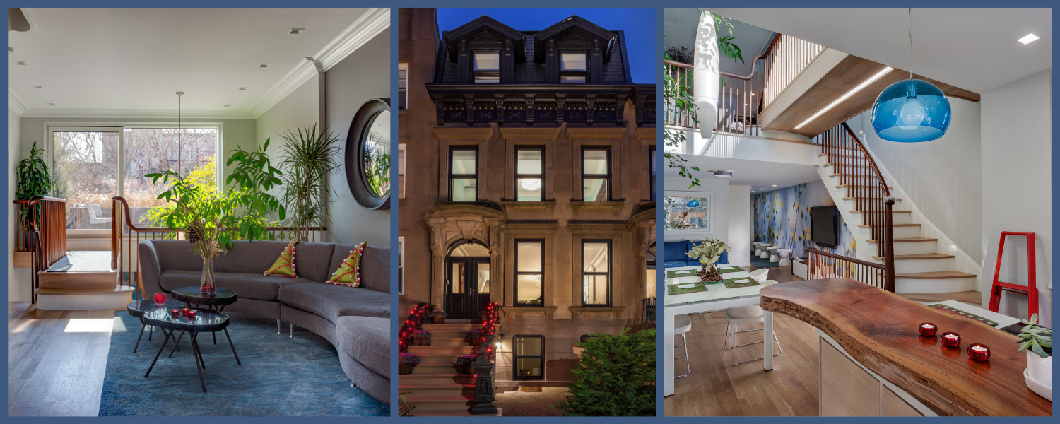 Collage of three image: seating area, front facade, and kitchen in a Carroll Gardens home, all decorated for Christmas