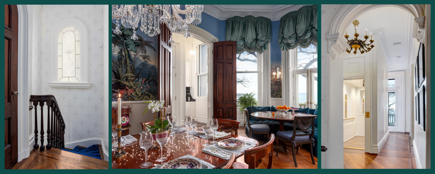 Collage of three images: Stair landing, dining room decorated for the holidays, and hallway with elevator in a Brooklyn Heights townhouse