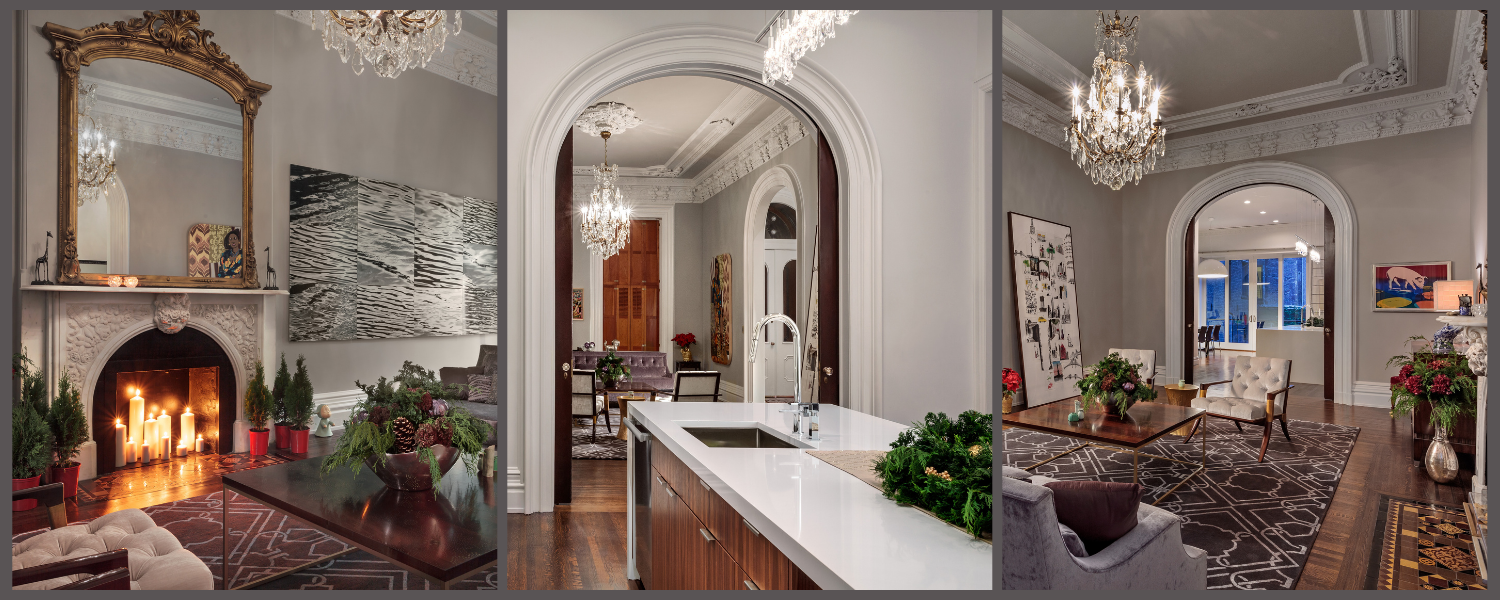 Collage of three images: fireplace in a formal living room, kitchen looking into the living room, and living room looking into kitchen, all decorated for Christams