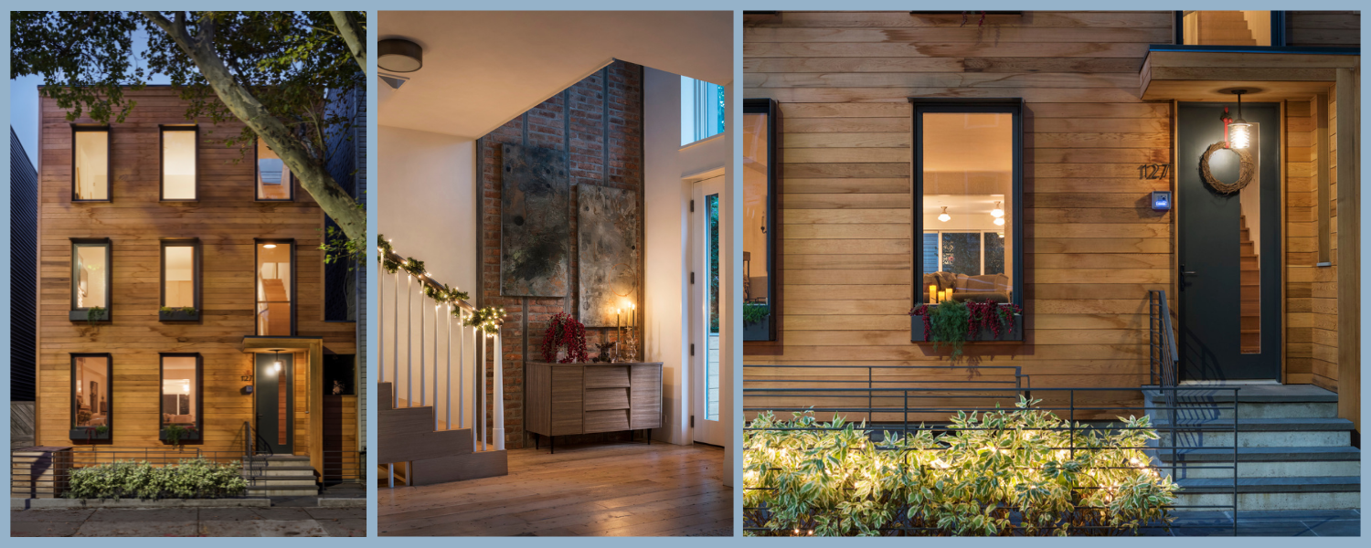 Collage of three images: front facade of a cedar home, double-height entryway, and close-up of front door, all decorated for Christmas