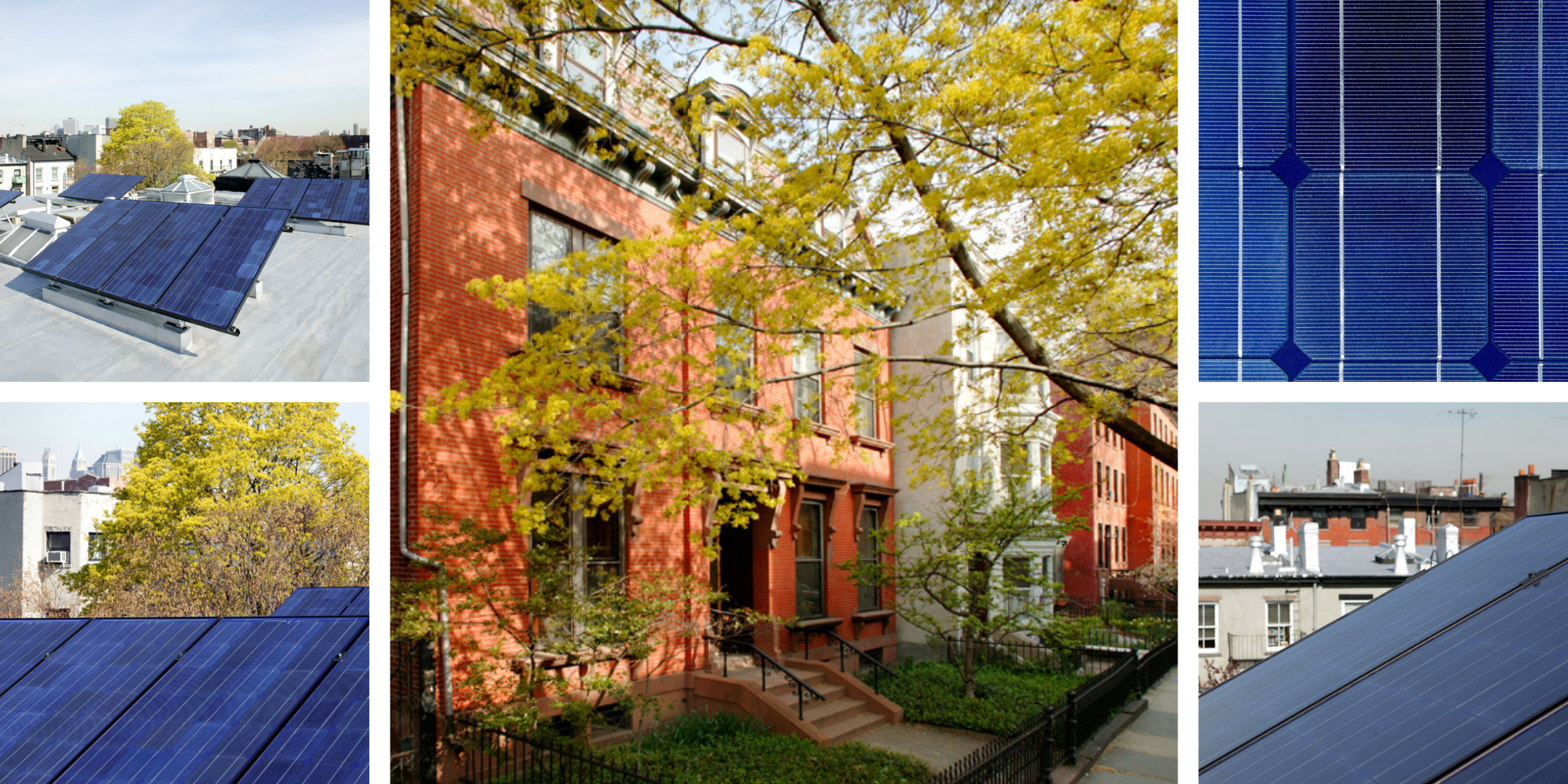 Collage of five images showing the rooftop photovoltaic solar array and the front facade of a Cobble Hill townhouse.