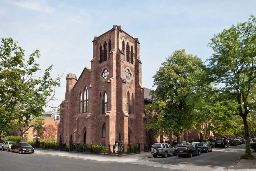 Exterior of a brownstone church after we refurbished and converted the building into condo units